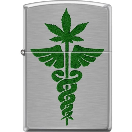 Zippo Lighter - Medical Symbol & Pot Leaf Brushed Chrome