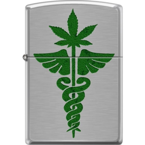 Zippo Lighter - Medical Symbol & Pot Leaf Brushed Chrome