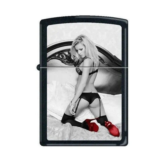 Zippo Lighter - Red Shoes On Bed Black Matte