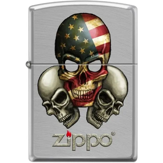 Zippo Lighter - Skulls With Flag Chrome Arch