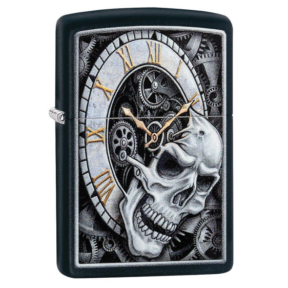 Zippo Lighter - Skull Clock Black Matte Zippo Zippo   