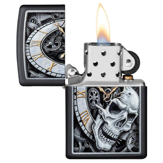 Zippo Lighter - Skull Clock Black Matte Zippo Zippo   