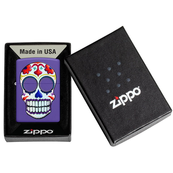 
Zippo Lighter - Day of the Dead Sugar Skull on Purple Matte Finish