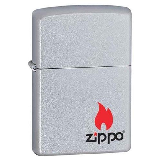Zippo Lighter - Zippo Logo with Flame Satin Chrome Zippo Zippo   