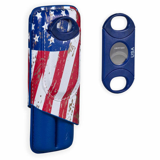 Lotus 2-Stick Cigar Case w/Cutter Gift Set - USA Flag