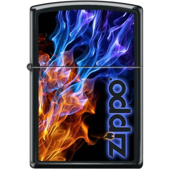 Zippo Lighter - Blue & Red Fire Black Matte Zippo Zippo   
