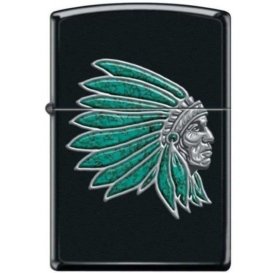 Zippo Lighter - Chief With Turquoise Feathers Black Matte Zippo Zippo   